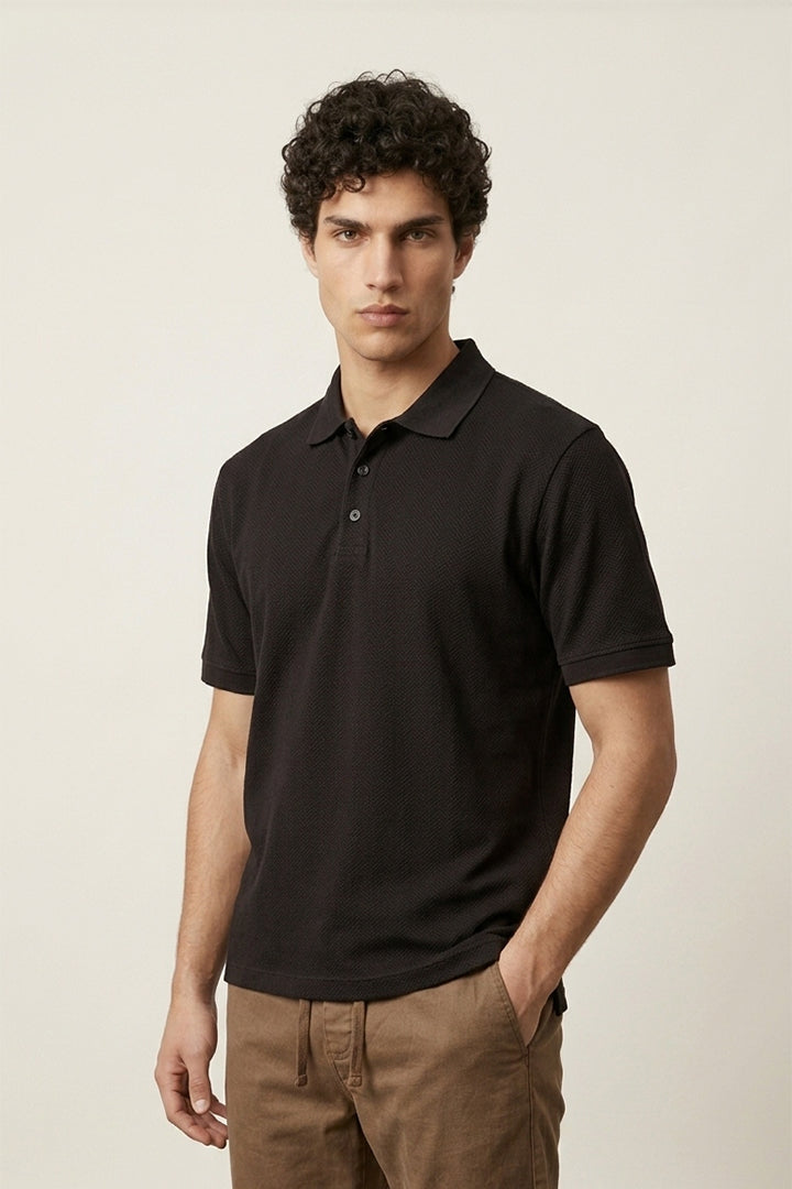 Colshirt Men's Classic Black Textured Polo T-Shirt