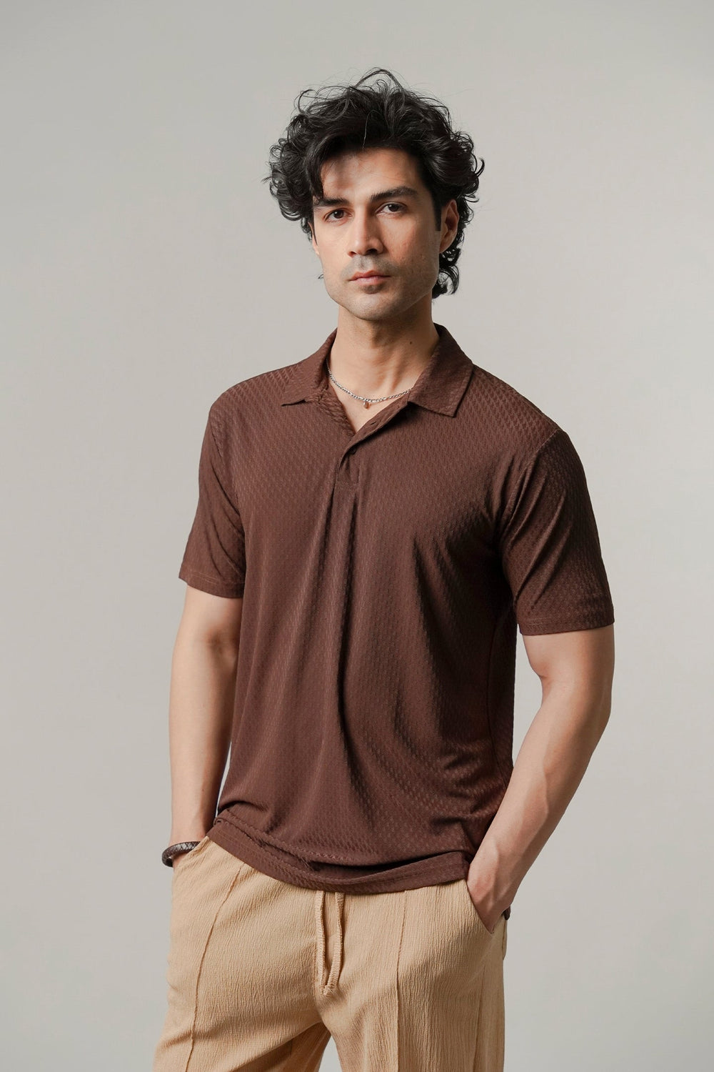 Colshirt Men's Classic Brown Textured Polo T-Shirt