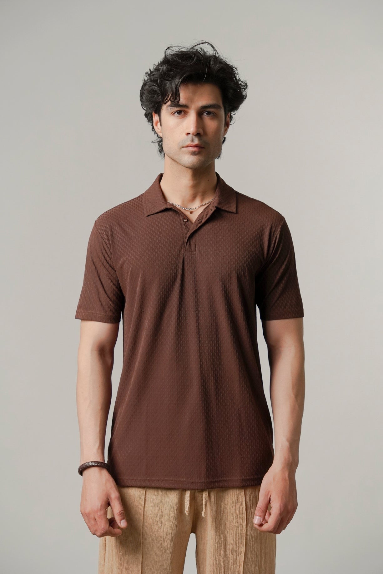 Colshirt Men's Classic Brown Textured Polo T-Shirt