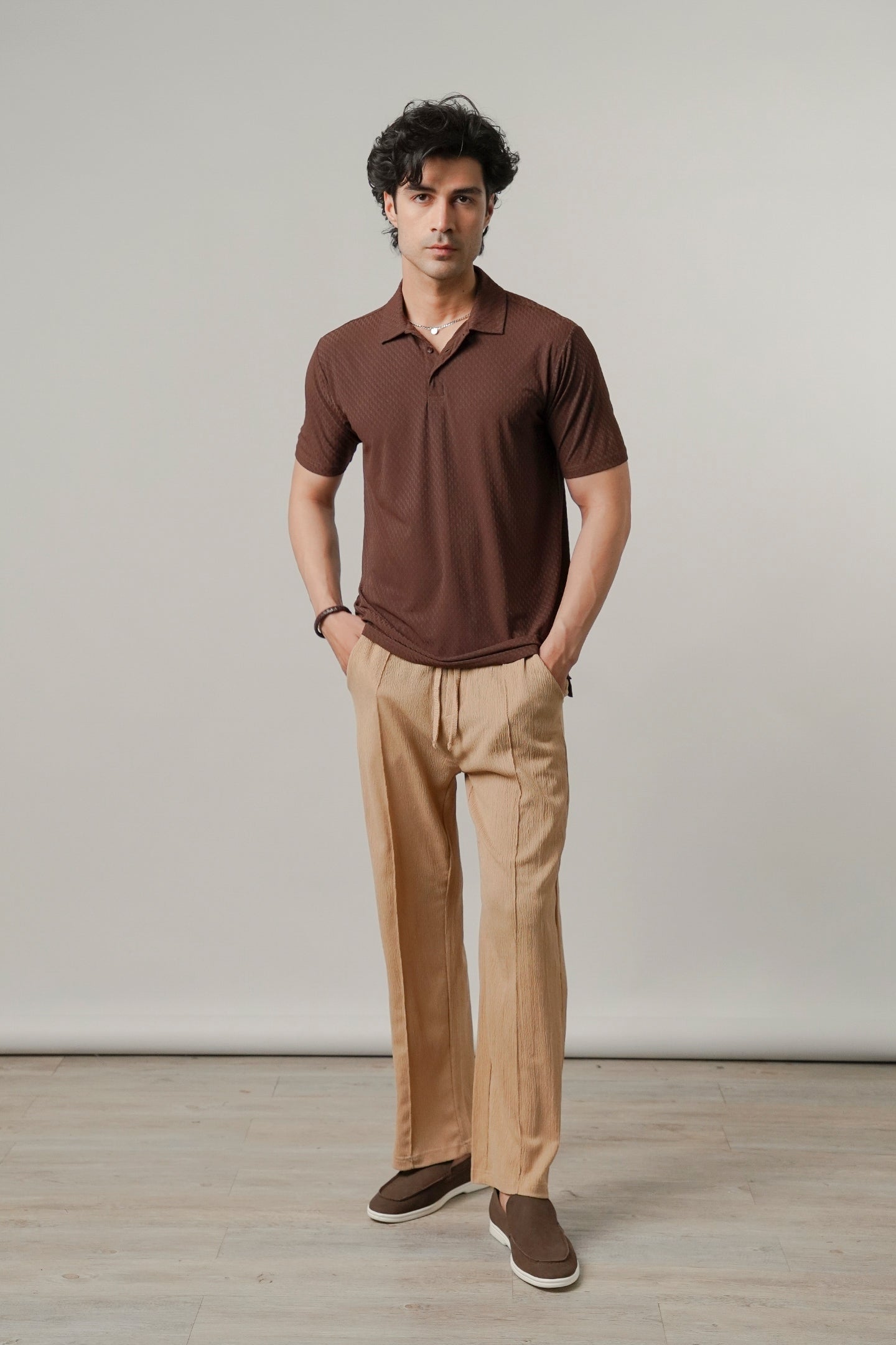 Colshirt Men's Classic Brown Textured Polo T-Shirt