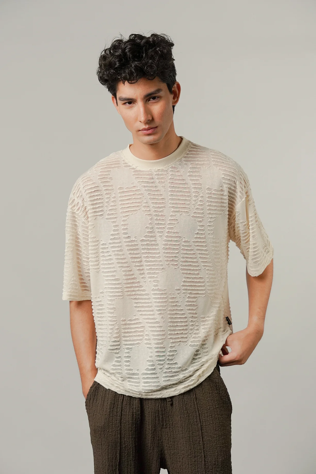Colshirt Men's Off White Textured T-Shirt